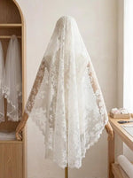 voile mariée blanc broderie florale translucide classique dentelle polyester courte traditionnelle cérémonie religieuse