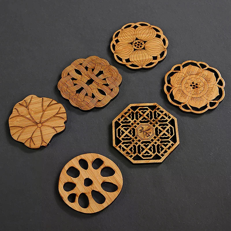 coasters bois naturel floral artisanal table thé asservant tasse blancDecoration maison