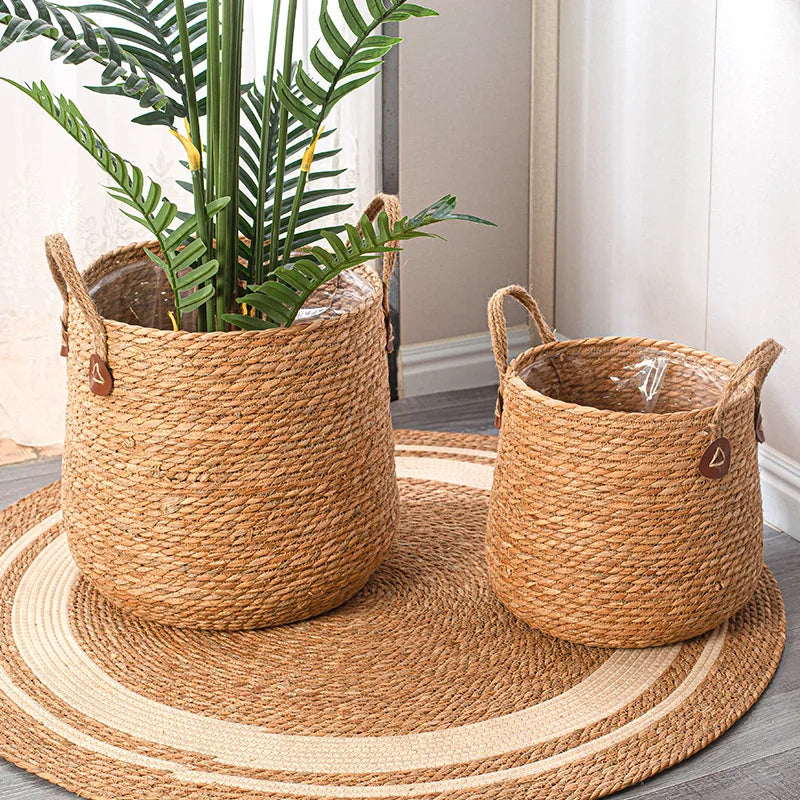 panier tissé rotin marron clair grande capacité maison jardin salon rustique naturel poignées cuir