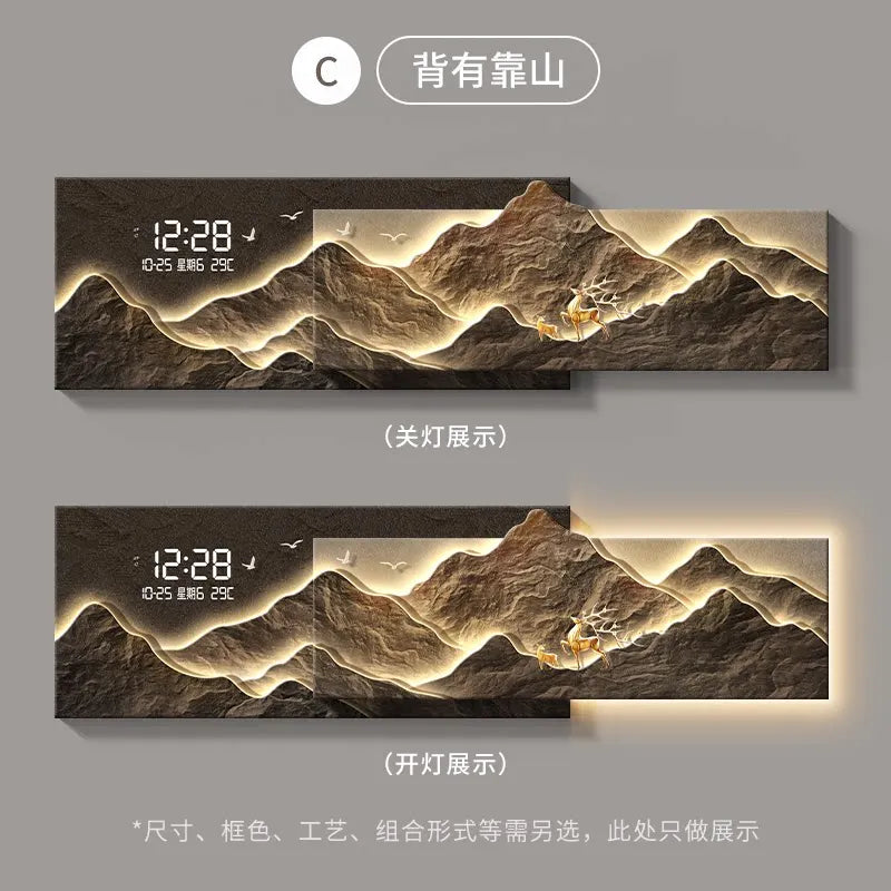 décoration murale lumineuse paysage montagneux cascade horloge digitale animaux moderne zen