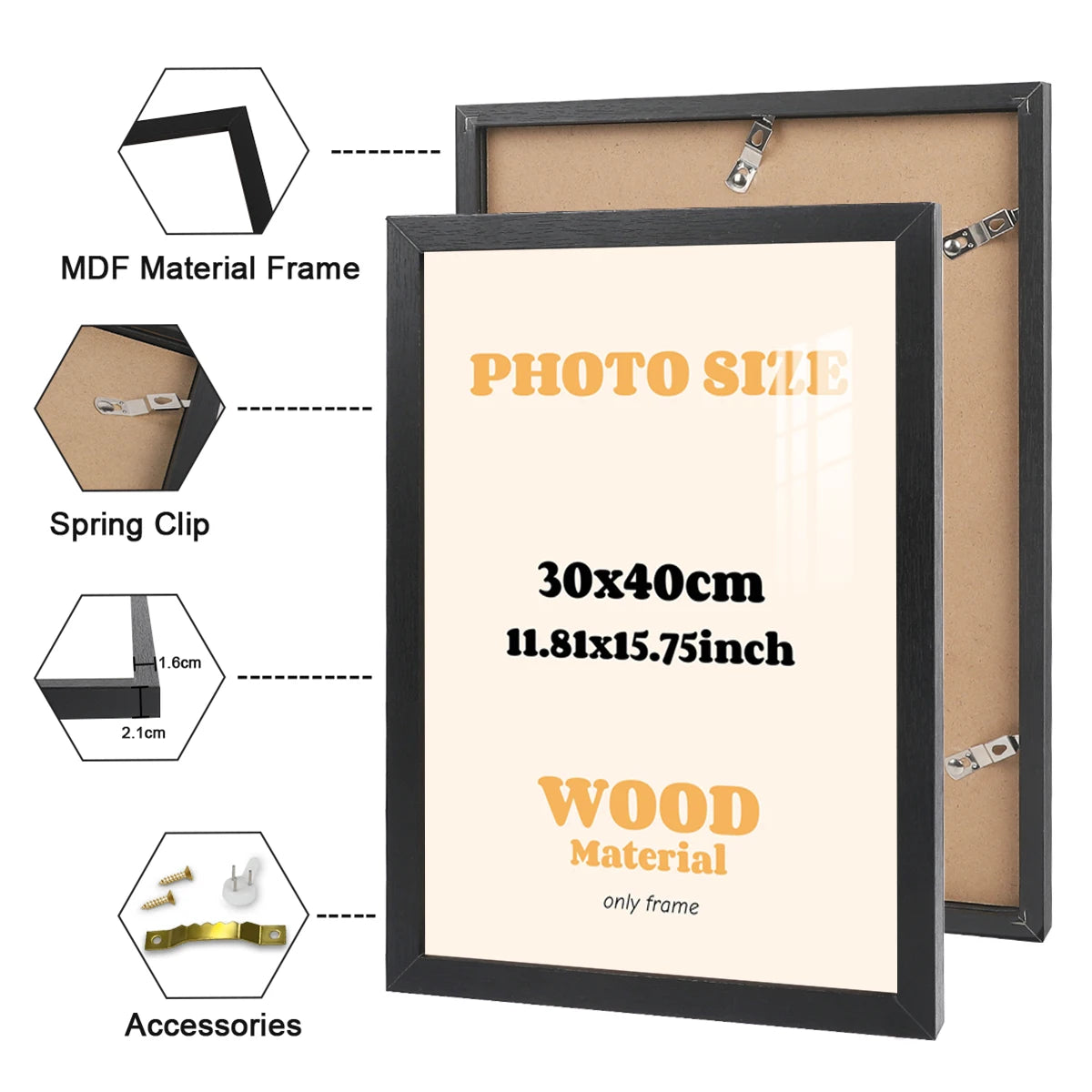 cadre photo moderne bois noir beige acrylique transparent clips ressort 30x40cm support emballage
