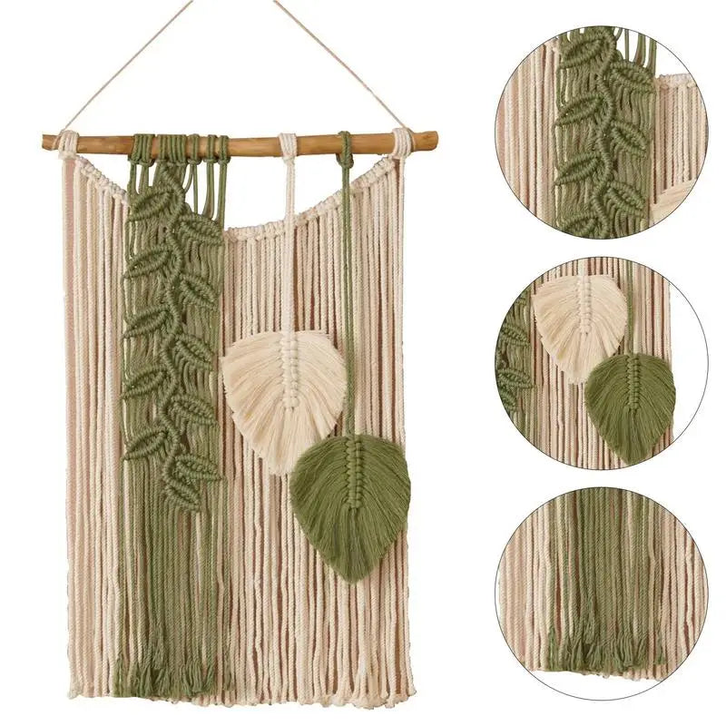 tapisserie murale macramé vert beige jaune feuilles franges bohème fixations murales