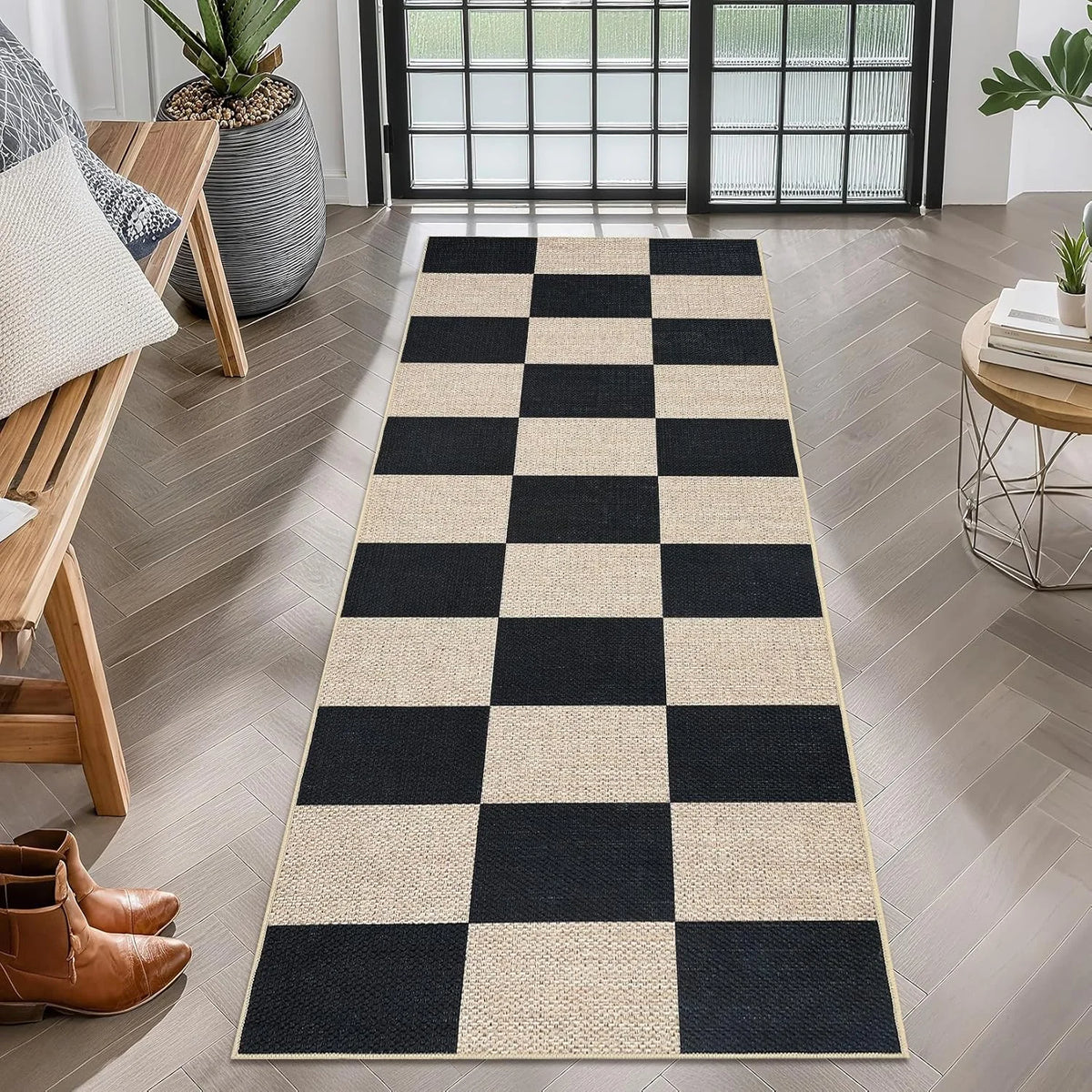 tapis moderne noir beige carreaux géométriques antidérapant polyester extérieur sol légèrement rugueux