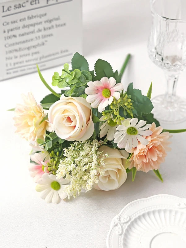 Bouquet artificiel fleurs soie rose blanc bleu orange feuilles vertes décoration mariage anniversaireextérieur classique