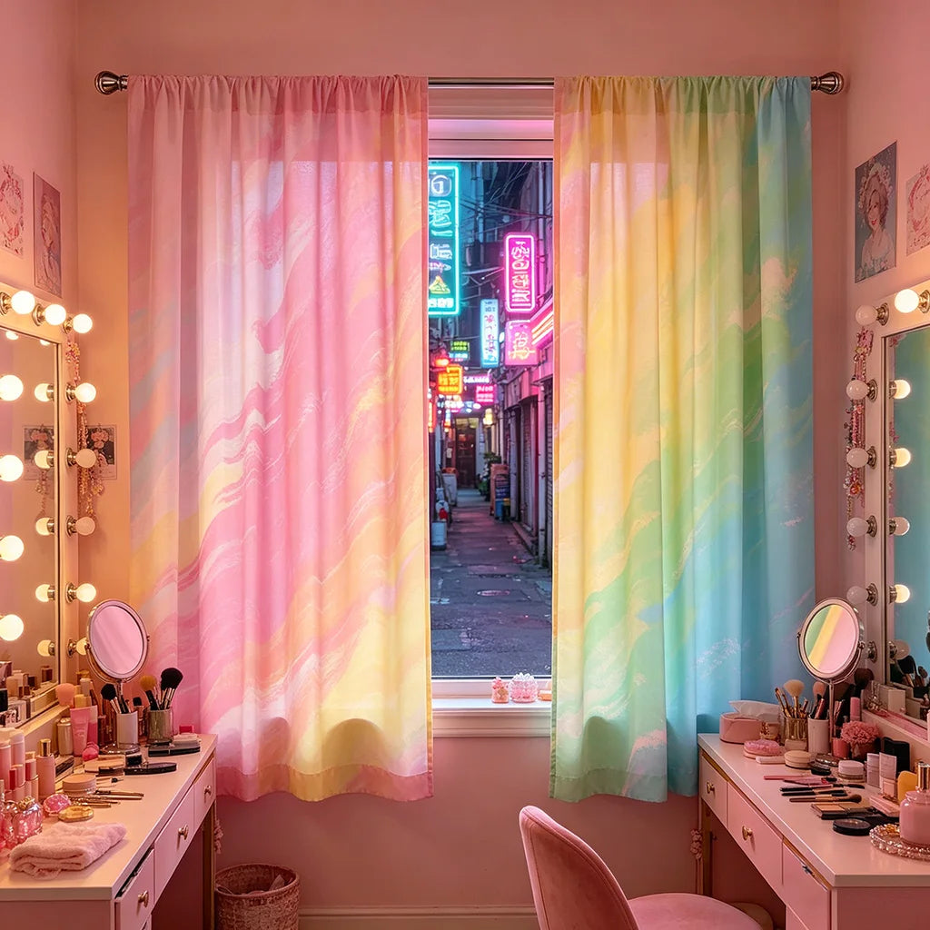 rideaux pastel dégradé arc ciel semi translucides moderne doux chambre salonhôtel polyester