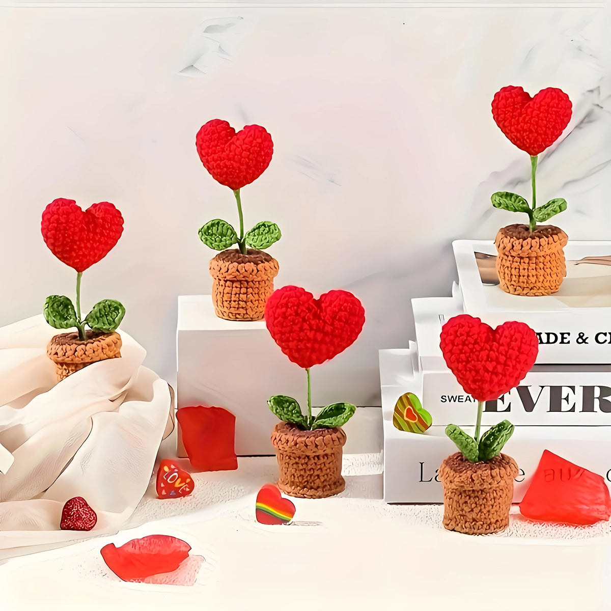 plante artificielle crochetée pot rouge feuilles vertes intérieur décoration mariage anniversaire