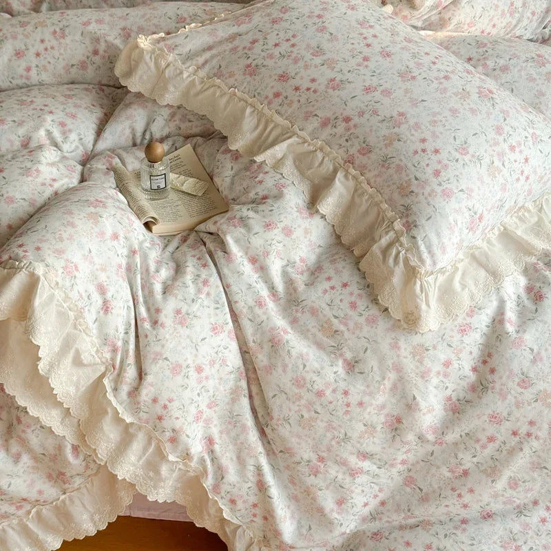 ensemble literie coton blanc rose fleurs dentelle vintage housse couette drap taies oreiller