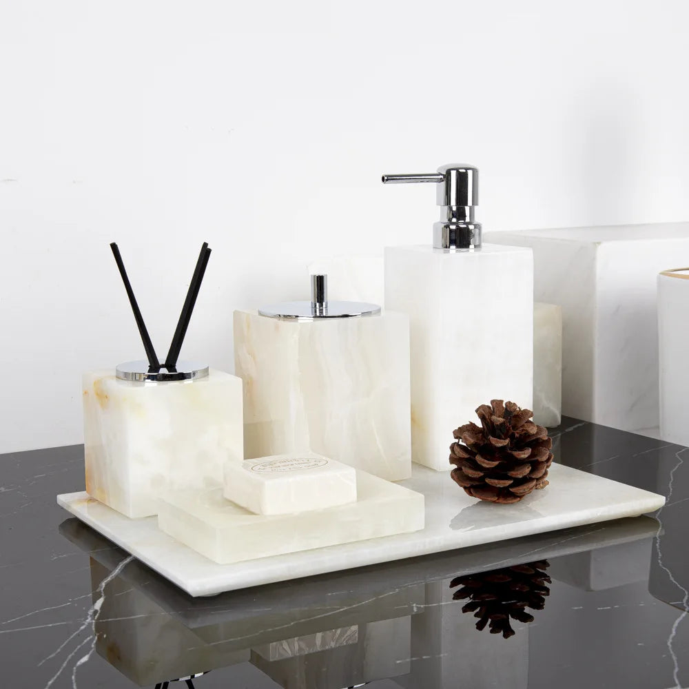 ensemble salle bain marbre onyx blanc distributeur savon porte brosse dents plateau luxe