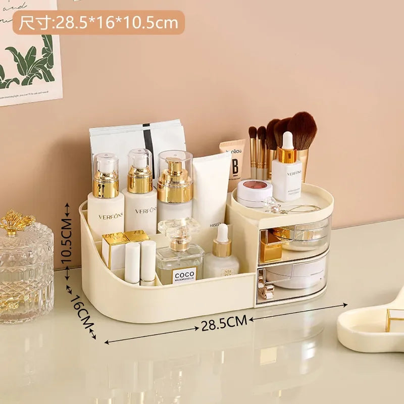 organisateur maquillage transparent moderne blanc rangement cosmétique tiroirs flacons brosse étiquettes