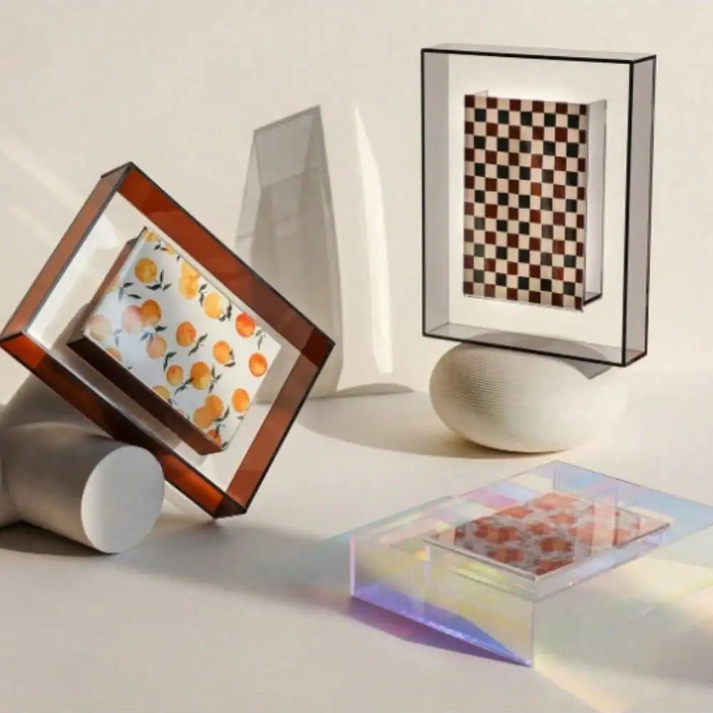 cadres photo transparents modernes abstraits géométriques couleurs vives rouge vert jaune bleu orange rose