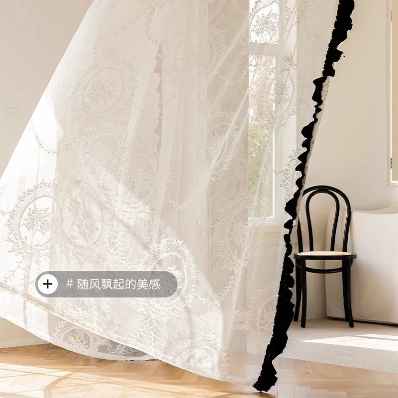 rideau dentelle blanc beige floral classique romantique transparent fenêtre salon chambre maison