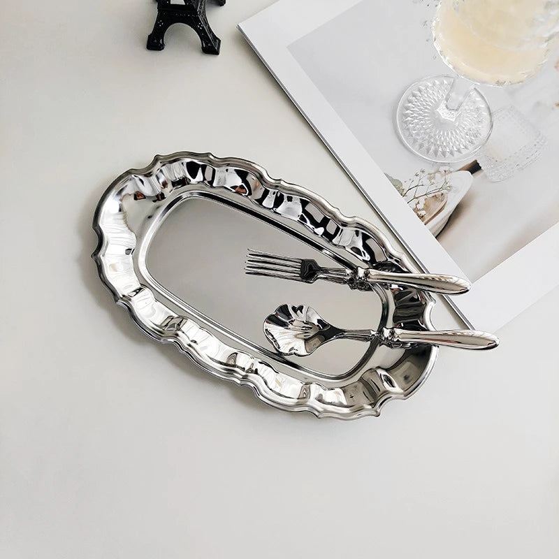 plateau service vintage bord ondulé acier inoxydable rangement bijoux assiette collation décoration table fourchette