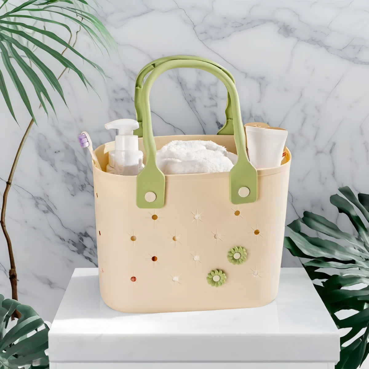 sac main moderne perforations fleurs relief vert clair beige poignées détachables décontracté rangement