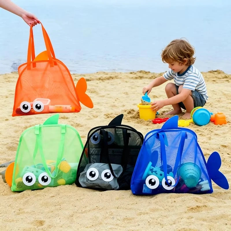 sac plage polyestère réutilisable orange vert bleu noir poisson transparent enfant pelle seau jouets