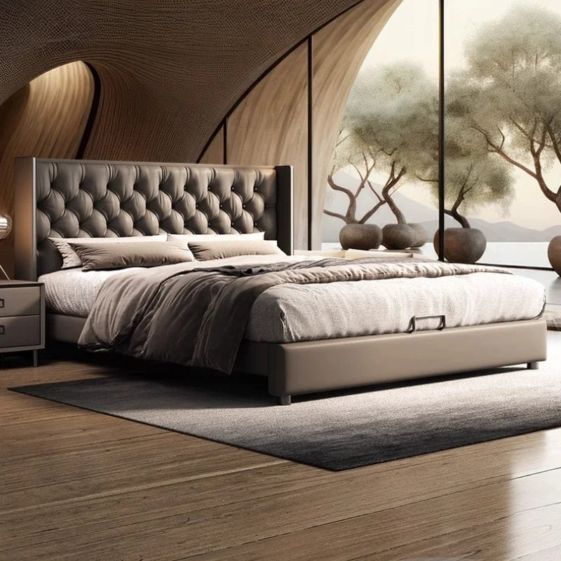 lit gris tufté moderne pieds ronds chambre coucher bois artificial leather minimaliste