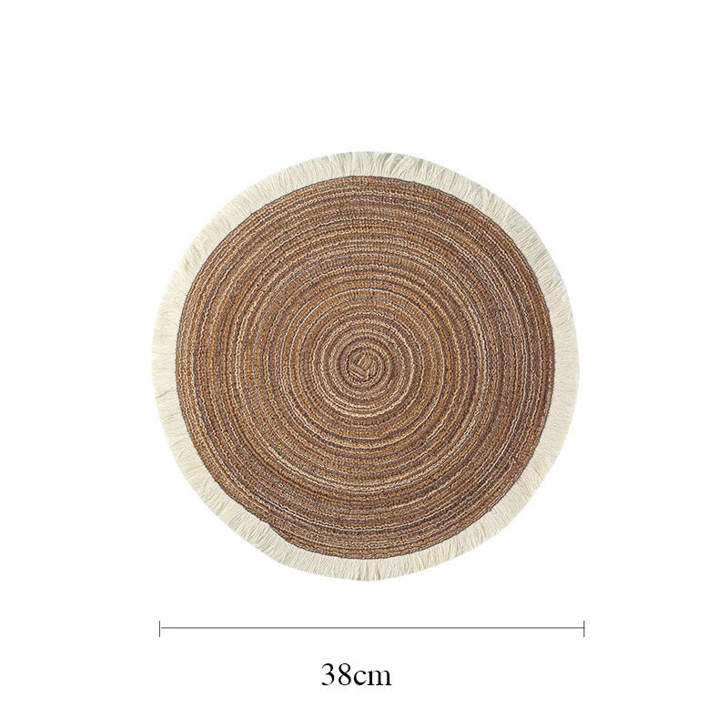 tapis table rond franges tissées beige blanc moderne respectueux environnement