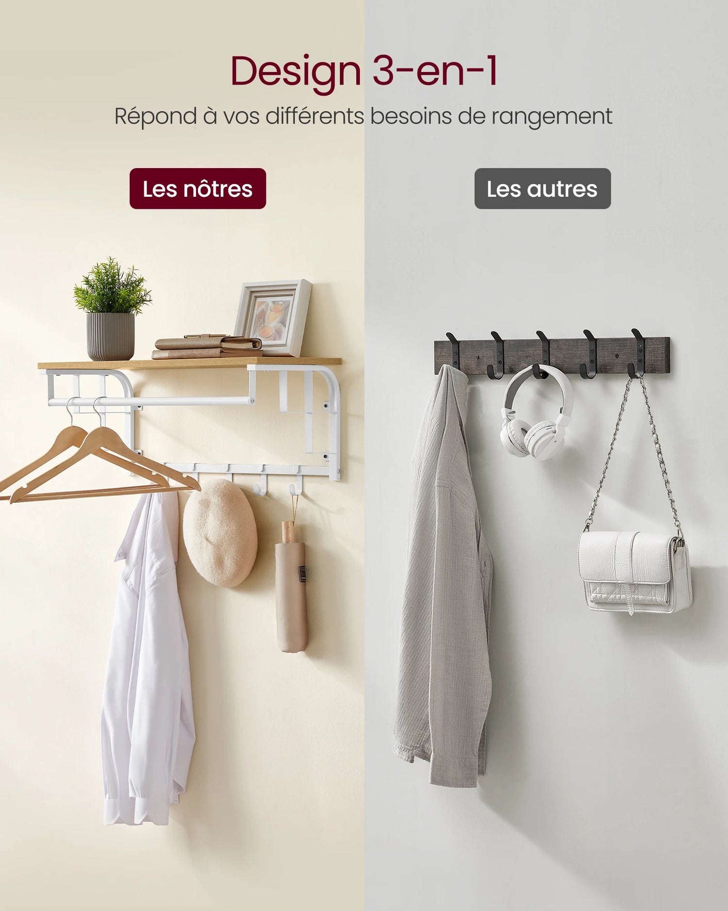 Détail des crochets et de la finition doré chêne du porte-manteau