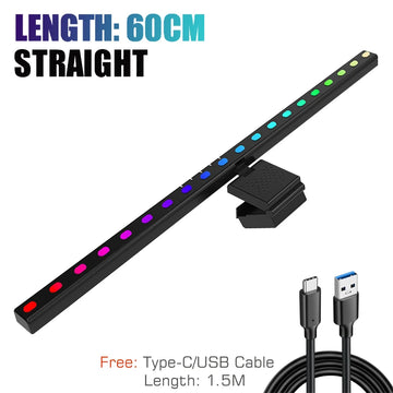 lampe barre lumière moniteur 60cm led rgb noir moderne clips contrôle USB