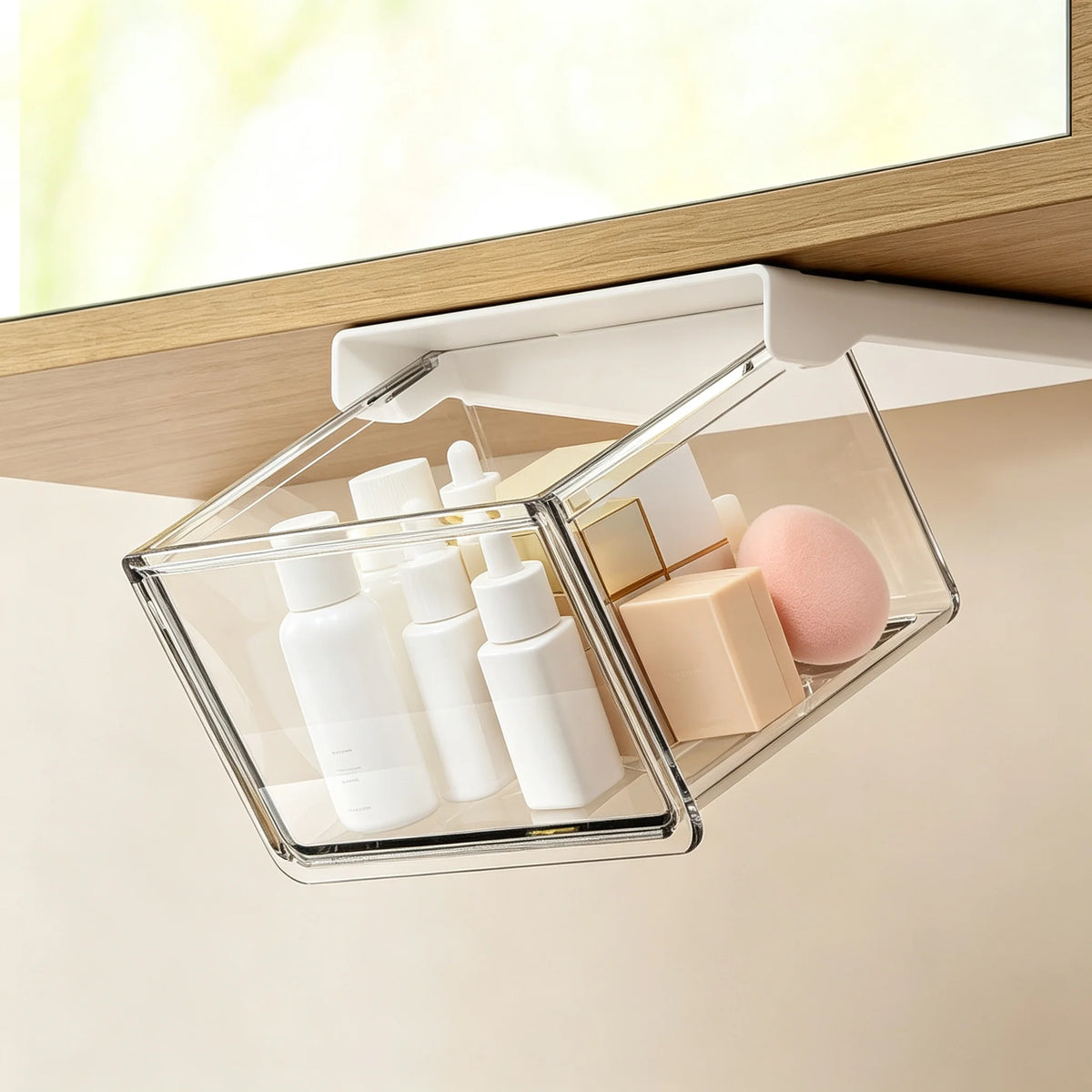 boîtes rangement transparentes adhésives modernes multi usages cosmétiques tiroirs organisation maquillage papier toilette minimalistes