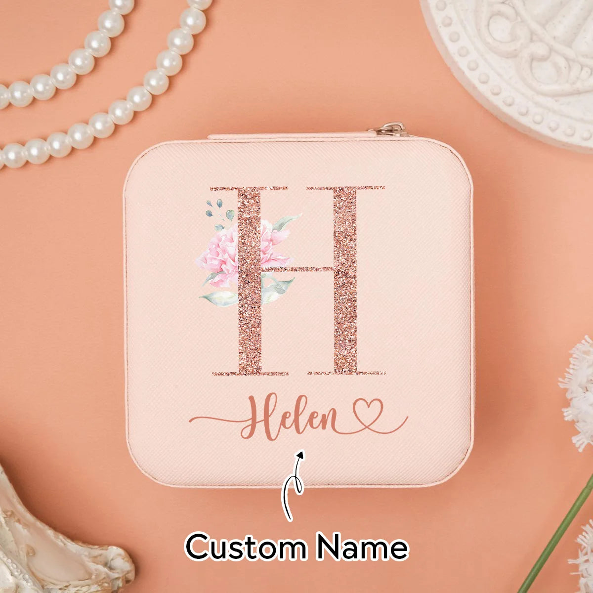 boîte bijoux rose floral fermeture glissière pochette rangement cadeau mariage demoiselle d'honneur élégante
