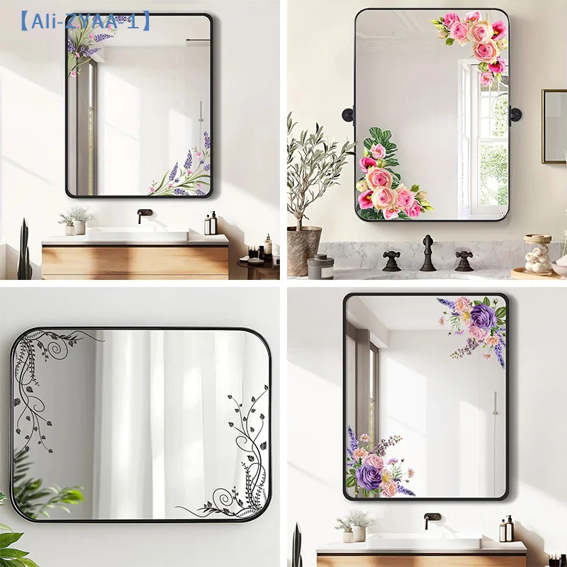 miroir adhésif moderne fleurs feuilles verte doré noir floral amovible chambre salle bain