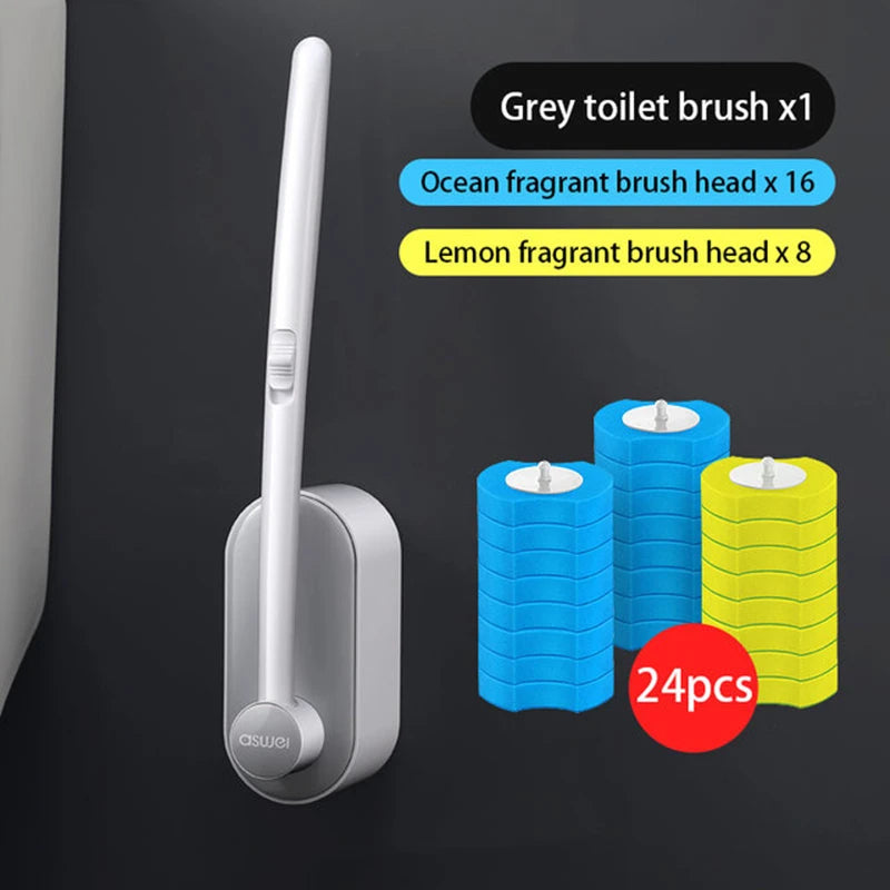 brosse toilette long manche remplacement facile blanc bleu moderne adhésif rechargeable set