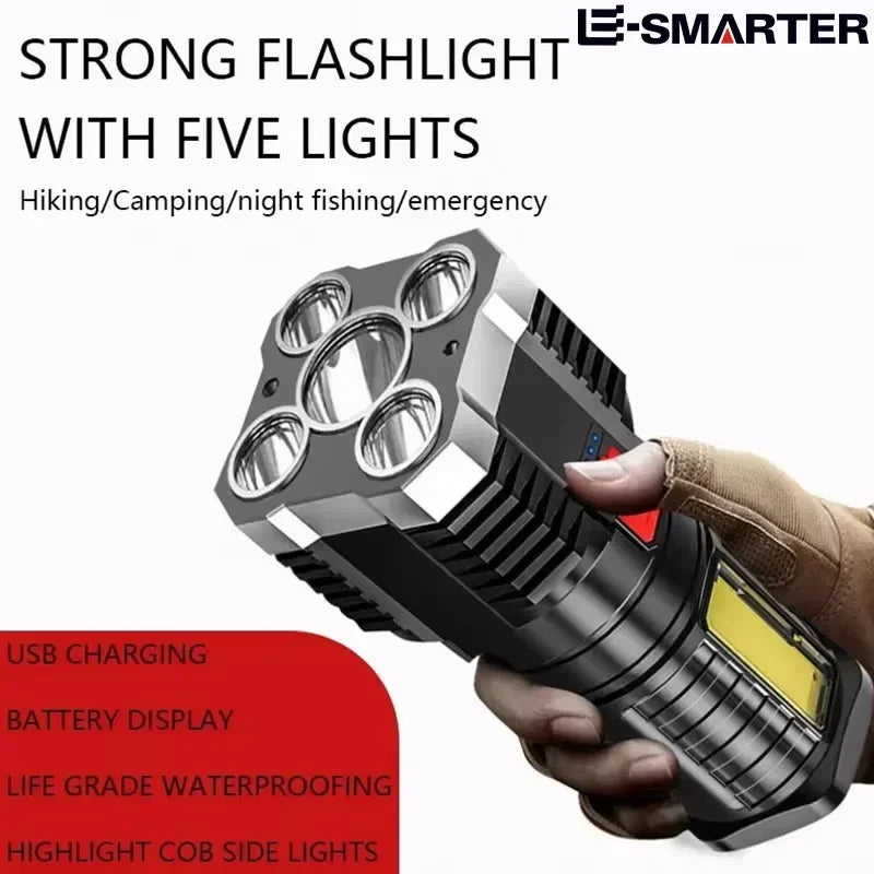 lampe torche noire rechargeable moderne relief modes éclairage affichage batterie contrôle tactile campingextérieur