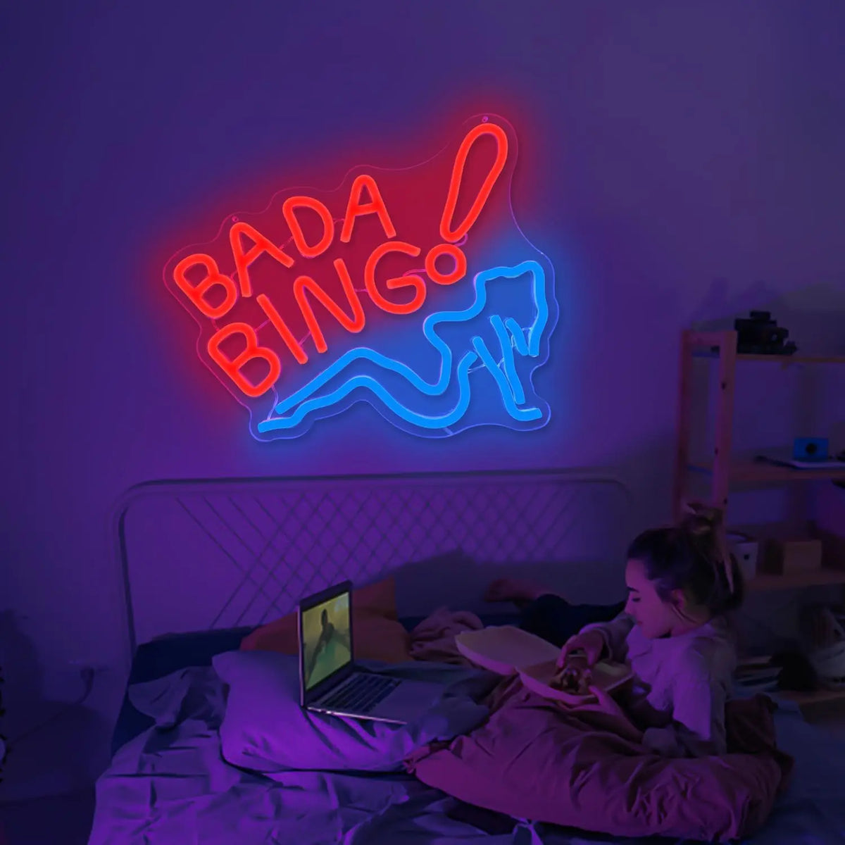 néon lumineux moderne texte bada bing rouge bleu adhésif graphique silicone souple haute qualité