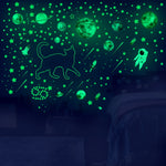 sticker lumineux planètes étoiles fusées astronautes vert fluo illustration adhésif chambre enfant décoration murale
