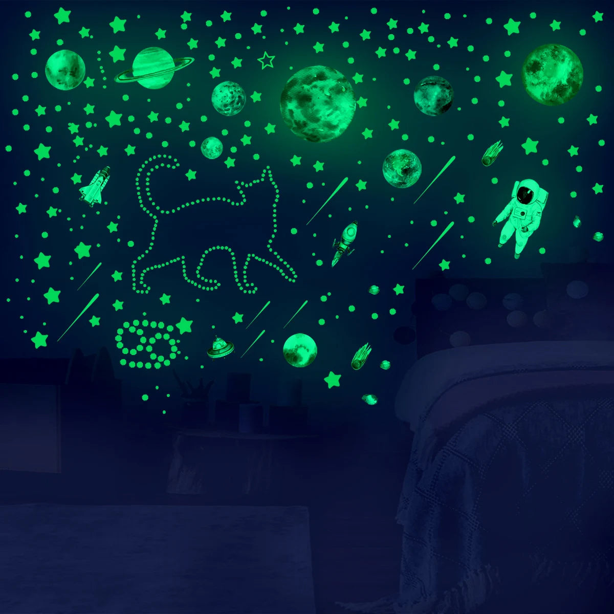 sticker lumineux planètes étoiles fusées astronautes vert fluo illustration adhésif chambre enfant décoration murale