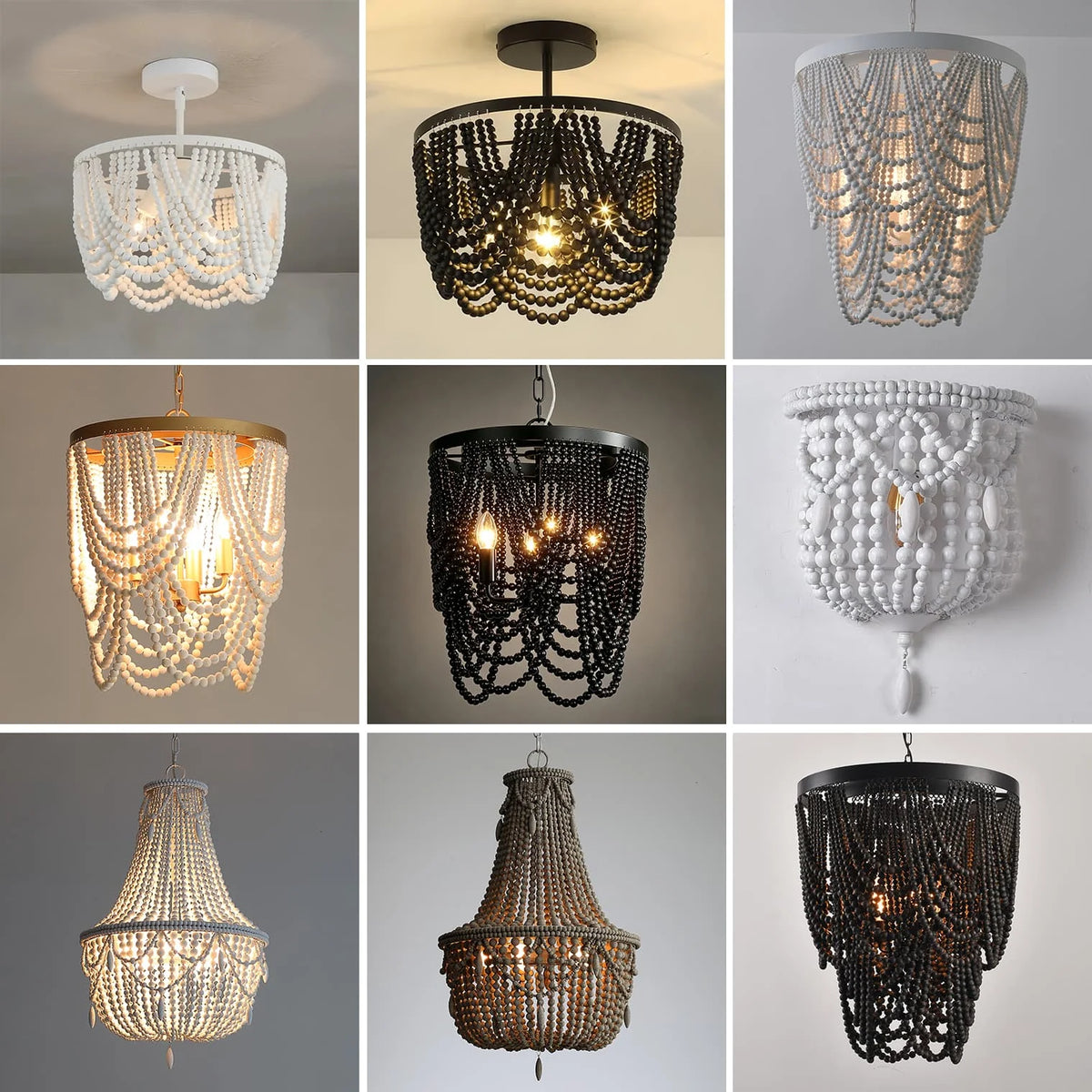 lampe suspendue bois blanc noire chaîne dorée classique vintage chambre cuisine salle manger