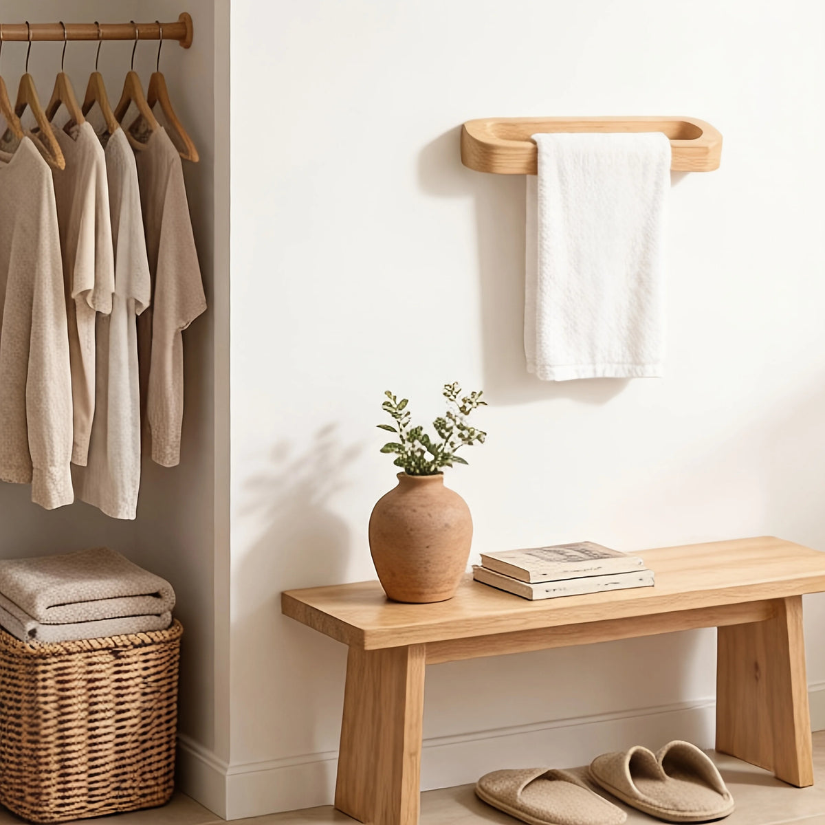 porte serviettes mural bois naturel moderne minimaliste murale sans electricité serviette blanche