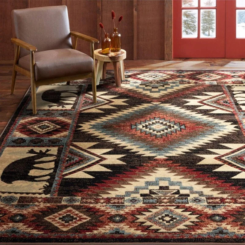 tapis rouge noir beige bleu marron motifs géométriques animaux texture douce rustique ethnique salon