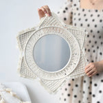 miroir decoratif boheme macramé franges étoile tressage blanc cassé geometrique chambre salon