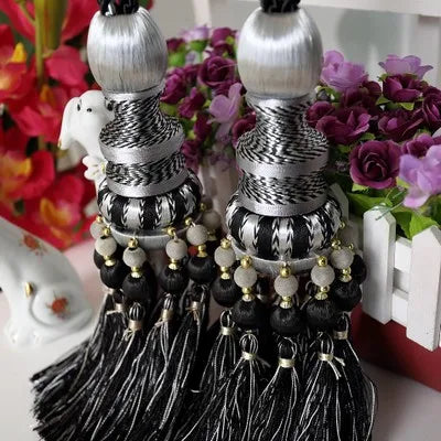 pompons rideau élégants franges couleurs bleu noir doré rayures polyester decoration maison