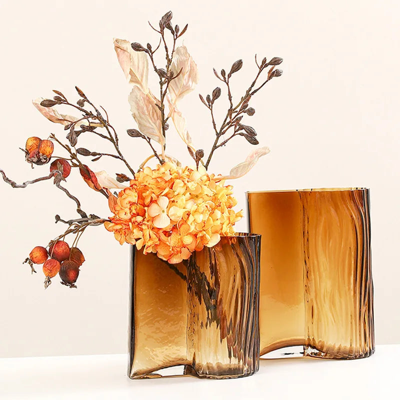 vase verre moderne marron rayures ondulées table fleurs séchées hydroponie ornement