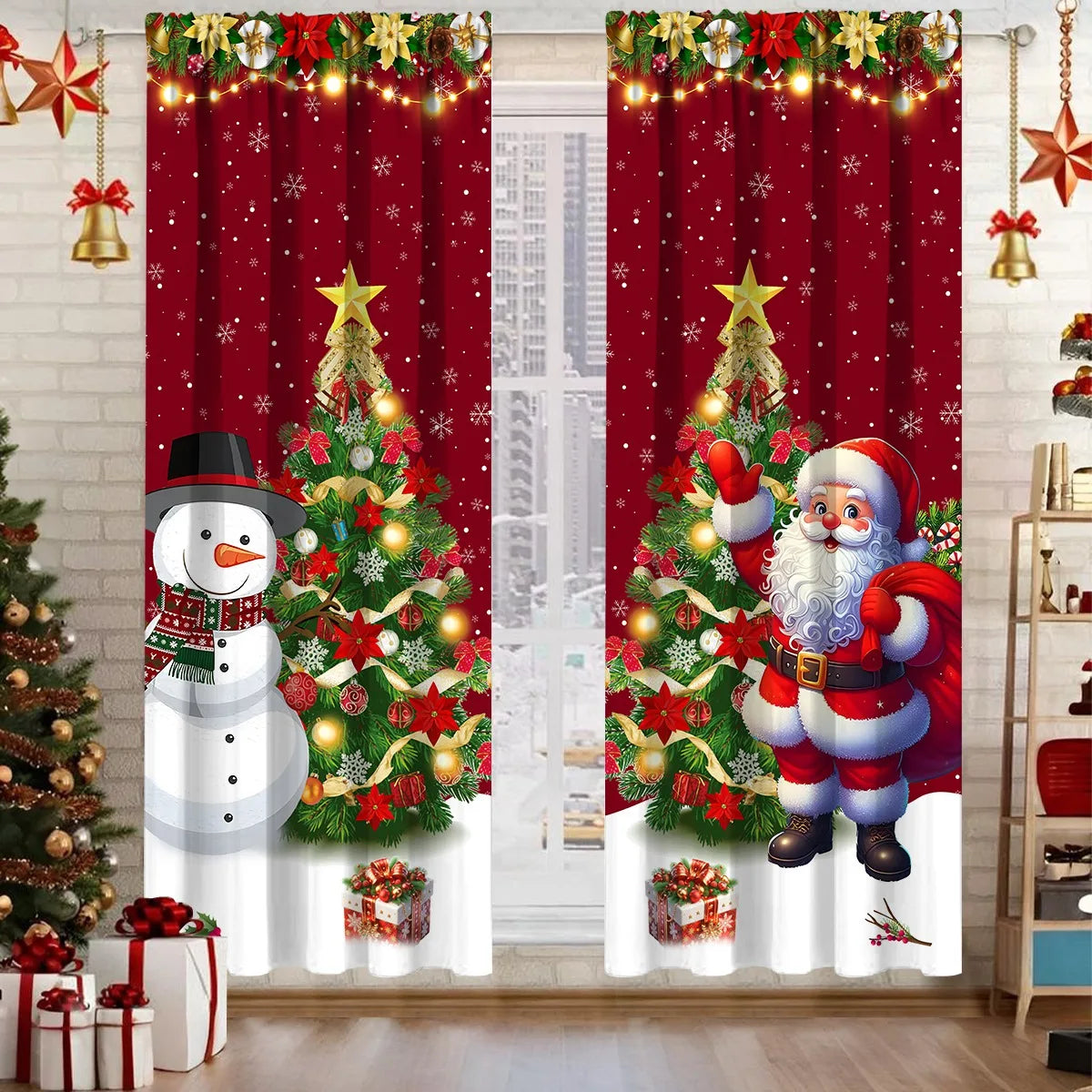 rideau noël rouge blanc santa clause arbre neige flocons guirlandes lumineuses anneaux métalliques polyester