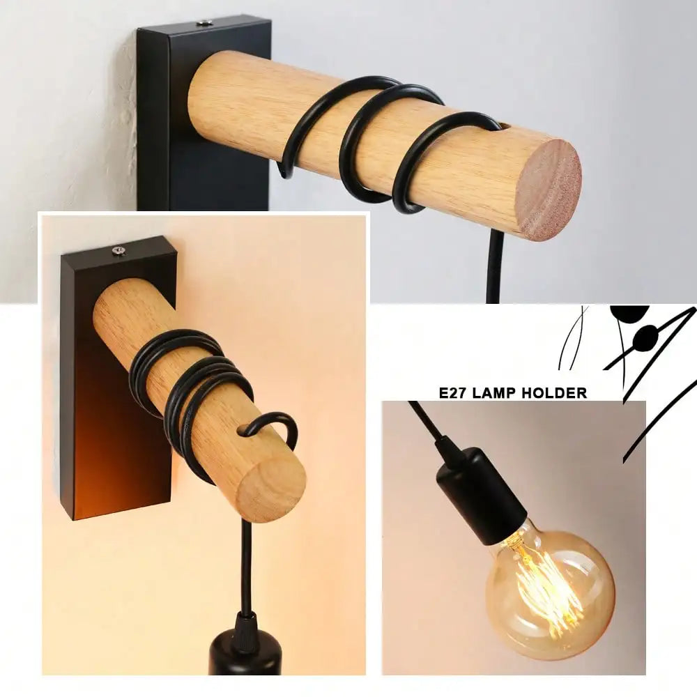 lampe murale bois naturel spirales noires moderne rustique fixée mur entrée chambre étude salon