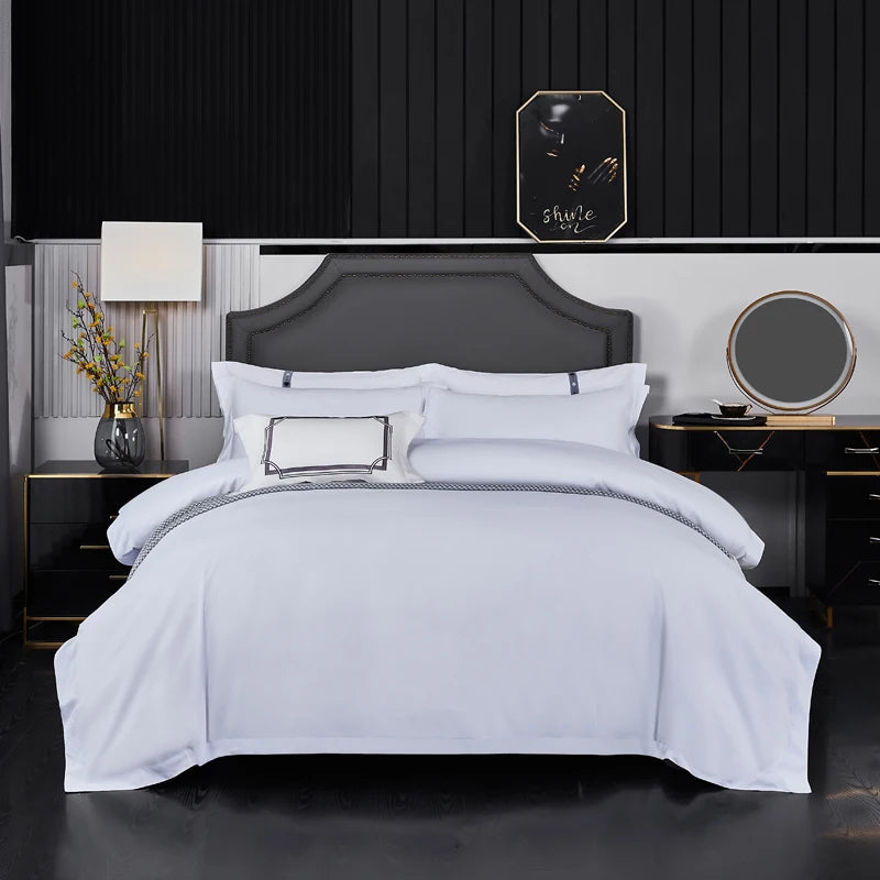 lit chambre coucher literie blanc gris foncé moderne luxueux couverture taies oreiller drap set