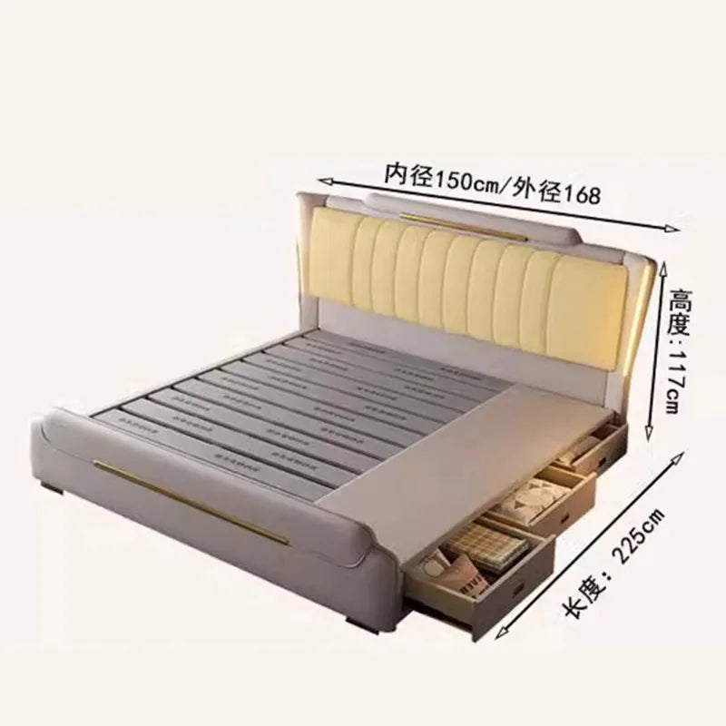 lit moderne bois simili cuir beige vertical doré intérieur 150cmextérieur 168cmhauteur 117cmlongueur 225cm