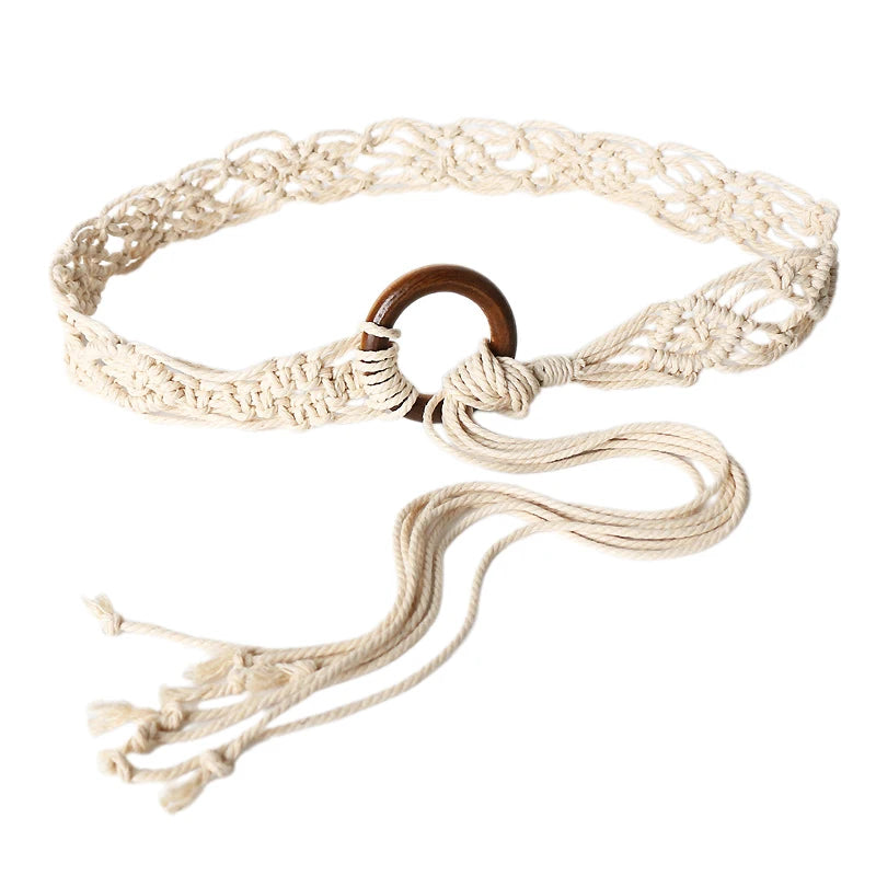 ceinture tissée main motifs floraux bohème ethnique adhésif boucles bois rubans tressés couleur marron