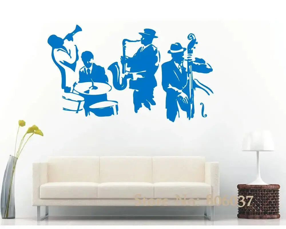 sticker mural musiciens instruments jazz noir jaune rose bleu orange artiste solide carrelage mur