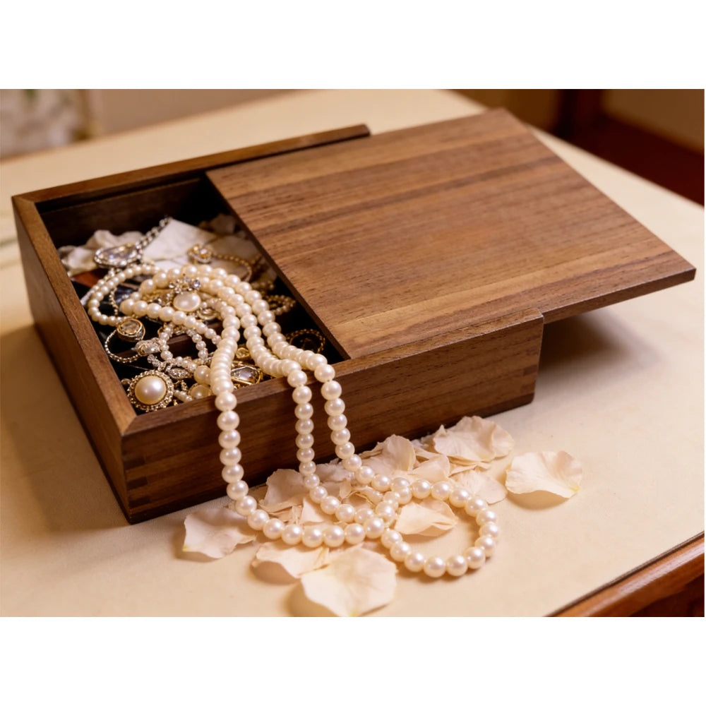 boîte bijoux bois réutilisable coulissante noyer grain naturel classique chaînes fleurs séchées durable écologique