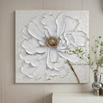 tableau abstrait moderne fleurs blanches peinture huile toile carré blanc doré 50x50cm 60x60cm 70x70cm