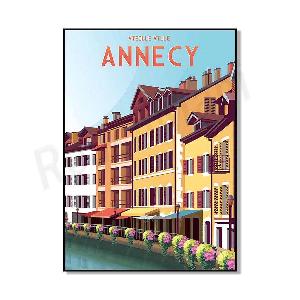 Affiche vintage illustrant les maisons colorées et pittoresques de la vieille ville d'Annecy, en France, avec un canal et des fleurs sur le bord.