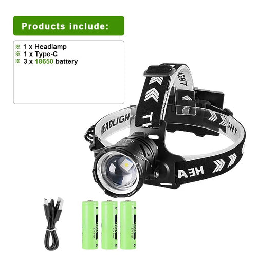 lampe frontale led noire mode chasse pêche camping 600w certification cqc ul
