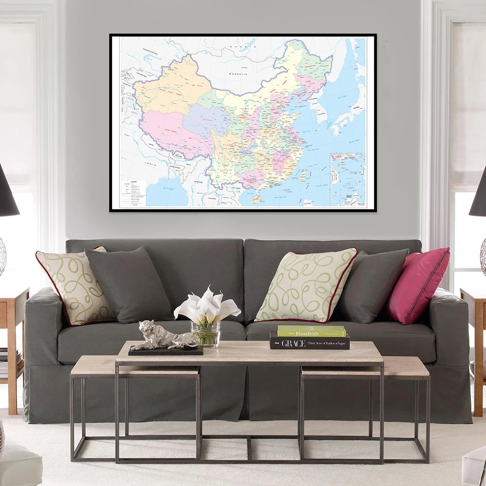 carte géographique chinoise regions colorées etiquettes villes cartographique cadre noir 594x420mm