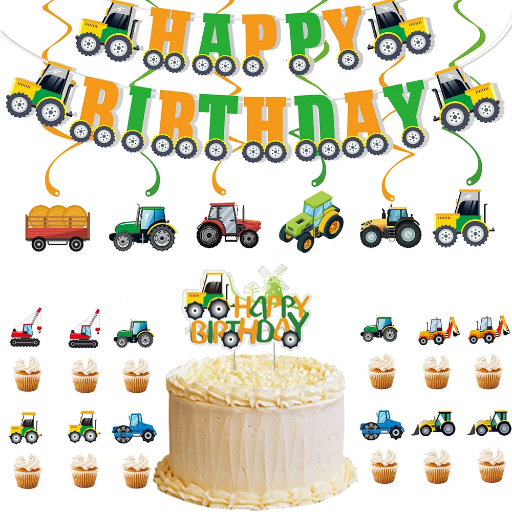 décoration fête anniversaire tracteur camion grues happy birthday spirales bannières cupcake toppers cartoony