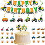 décoration fête anniversaire tracteur camion grues happy birthday spirales bannières cupcake toppers cartoony