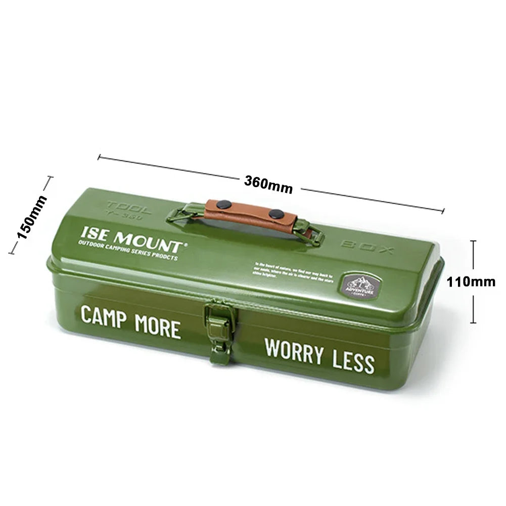 boîte outils métal poignée cuir camping rangement vintage robuste vert noir